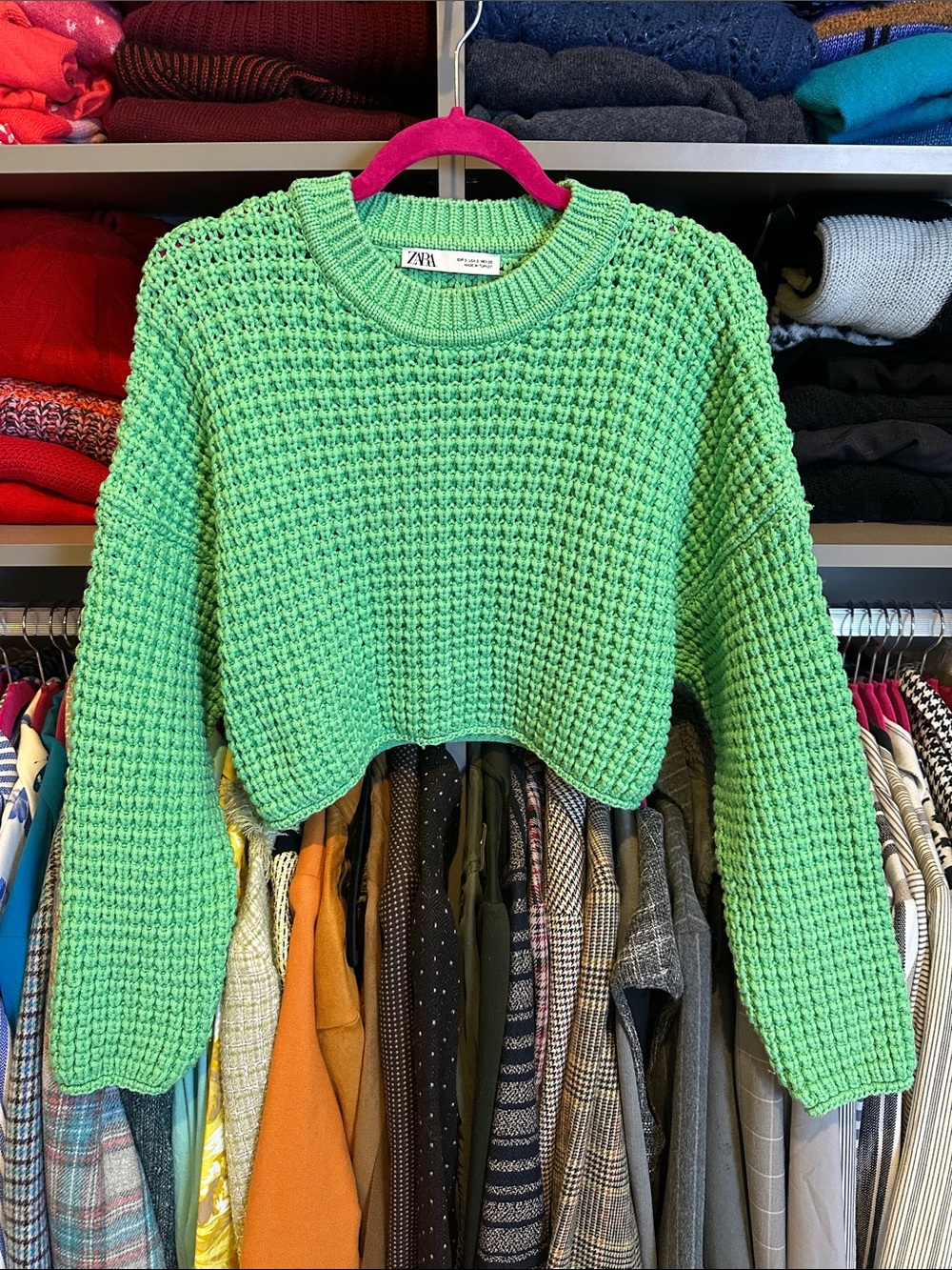 Zara green long sleeve crew neck cropped chunky knit oversized sweater size S